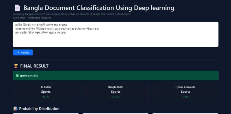 Hybrid Ensemble Bangla Document Classification System (Bangla-BERT + Bi-LSTM)
